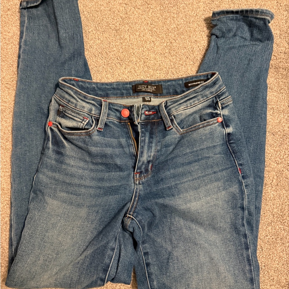 Judy Blue Vintage Wash Mid-Blue Boyfriend Jeans with Coral Accents